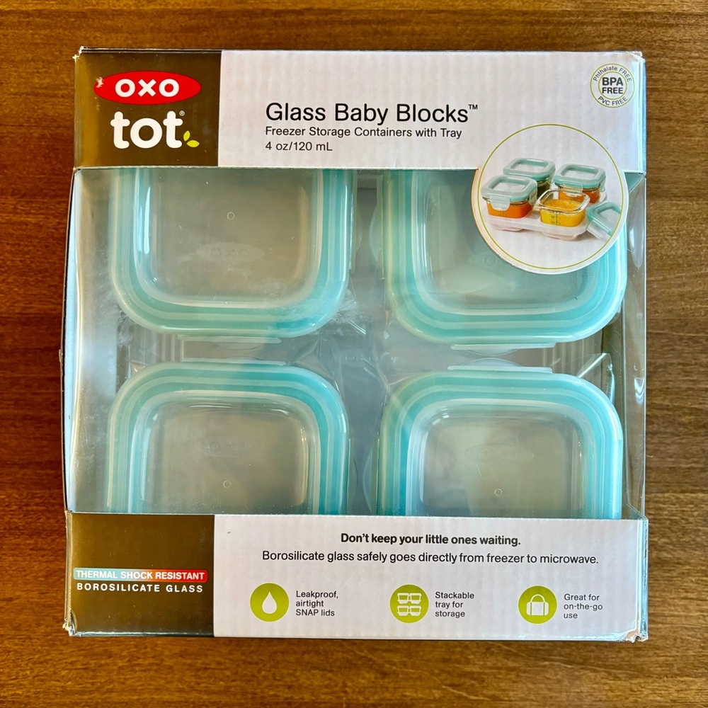 OXO Tot 4 oz Glass Baby Blocks Food Storage Set with Teal Lids